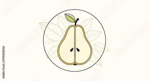 Minimalist vector illustration of a pear cut in half with a stem and leaf, surrounded by faint botanical outlines in a circular frame.