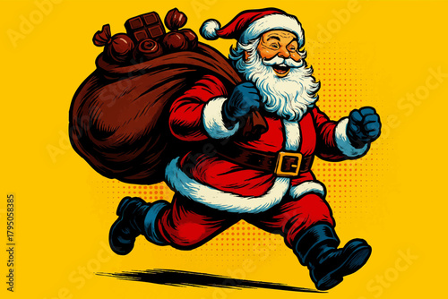 Santa Claus joyfully running with a large sack full of chocolate and candy, symbolizing holiday treats and cheer. Generative ai vector colorful pop art illustration.
