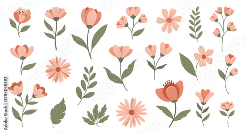 A collection of beautiful hand-drawn pink and green floral elements, perfect for spring and summer design projects and decorations.