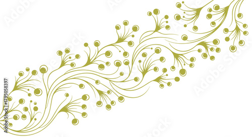 Decorative diagonal pattern featuring elegant, stylized golden-green branches with multiple small berry-like elements on a clean white background.
