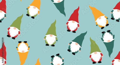 A festive and whimsical seamless pattern featuring cute, colorful gnomes with long beards and pointy hats on a light blue background.