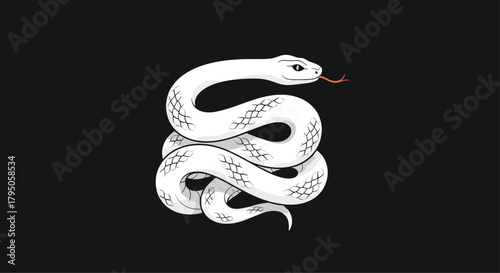 Elegant white snake with black eyes and a flicking red tongue, gracefully coiled against a dark, minimalist backdrop.