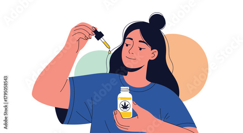 Woman holding CBD oil bottle and dropper with golden liquid, wellness concept, alternative medicine, health and wellbeing, vector illustration.