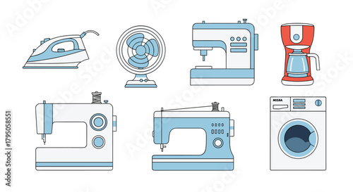 A set of modern household appliances, including an iron, fan, coffee maker, espresso machine, sewing machines, and a washing machine, in a clean, illustrative style.