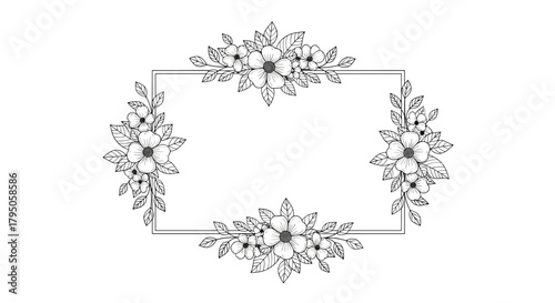 Elegant black and white floral frame design with blooming flowers and delicate leaves, perfect for invitations and decorative elements.