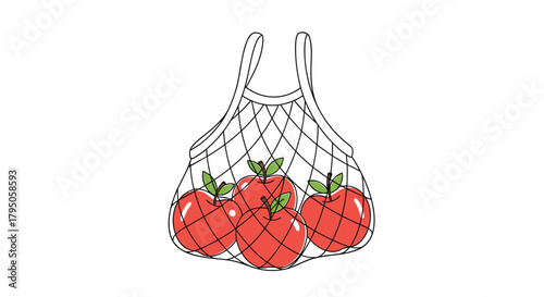A simple line art illustration depicts four vibrant red apples nestled in an eco-friendly string shopping bag, highlighting sustainable choices.