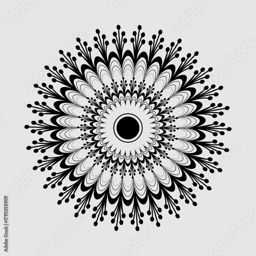 A highly detailed black floral mandala featuring layered petals and delicate ornamental patterns. Ideal for prints, tattoos, meditation art, and boho-style designs.