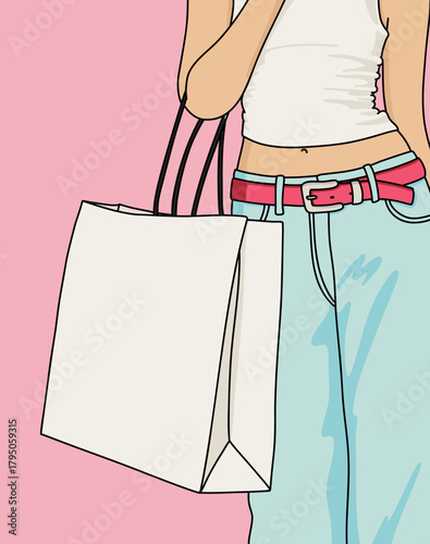 Illustration of a Young Woman Wearing Jeans Carrying a Blank Shopping Bag Isolated on Pink Background. Template Mockup for Retail Holiday Sales, Black Friday and Holiday Season Promotion