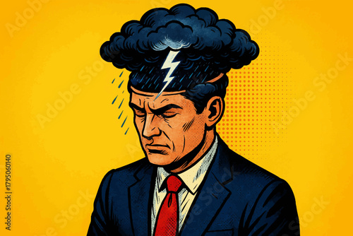frustrated businessman with a storm cloud and lightning above his head, symbolizing stress and burnout. Generative ai vector colorful pop art illustration.