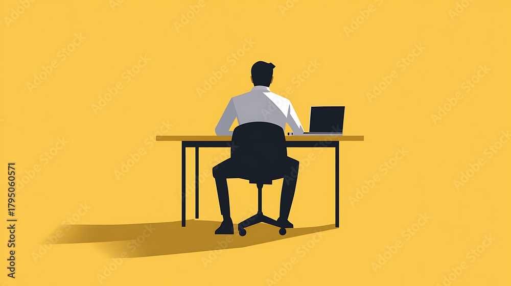 Fototapeta premium Silhouette of a person working at a desk on a laptop against a solid yellow background, creating a minimalist and focused work environment. Concentration and productivity.