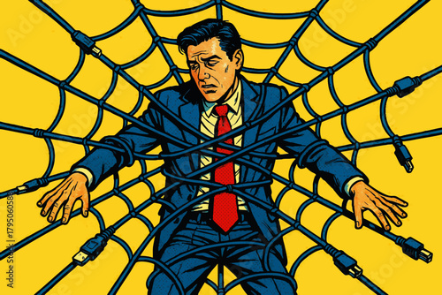 stressed businessman entangled in a web made of data cables, symbolizing digital overload and tech dependency. Generative ai vector colorful pop art illustration.