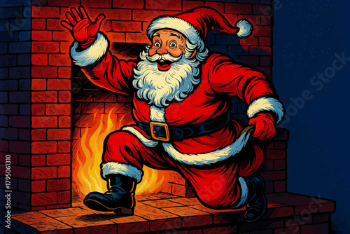 Santa Claus stepping into a lit fireplace chimney, capturing a humorous moment of Christmas tradition and surprise. Generative ai vector colorful pop art illustration.