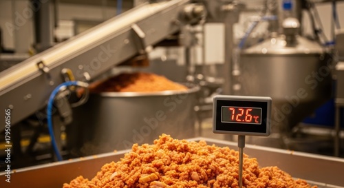 Industrial food processing scene showing heated fried product on conveyor with digital temperature display reading 72 6; close view texture and production equipment conveying batch quality