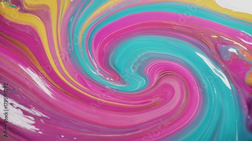 Glossy fuchsia, teal, and yellow paints swirl creating an energetic abstract fluid pattern