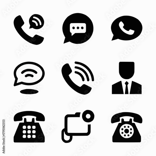 Icons of Communication: A collection of meticulously crafted, starkly contrasting black icons, each representing core facets of telecommunication, and conversation.