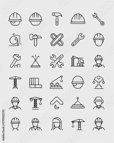 Construction Icons: A collection of detailed construction icons, each representing an essential element of the building trade, meticulously rendered in a modern, minimalist design.