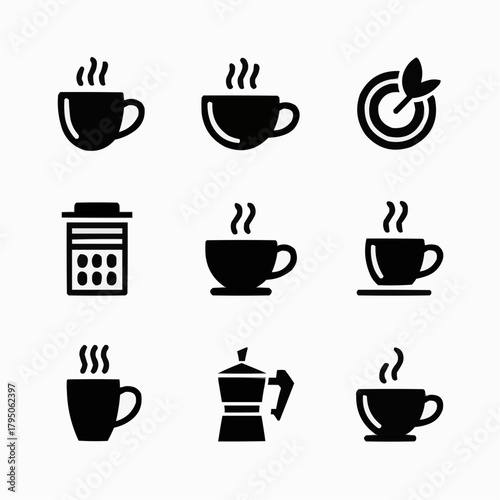 Coffee Icons: A stylish array of minimalist coffee icons, including steaming mugs, a target, and a coffee machine. Illustrating the daily rituals of the modern world.