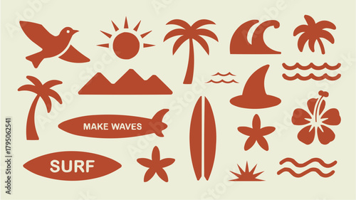 Seaside Icons: Collection of stylized icons, evoke the feeling of summer and the coast, including symbols of nature and activity.