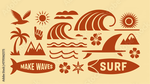 Surf and the Ocean Icons: An artistic collection of surf culture elements in a vibrant design, capturing the essence of ocean activities and coastal vibes.