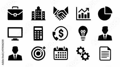 Essential Business Icons: An assortment of iconic symbols, encompassing the essence of commerce and enterprise, presented in a clean and graphic style.
