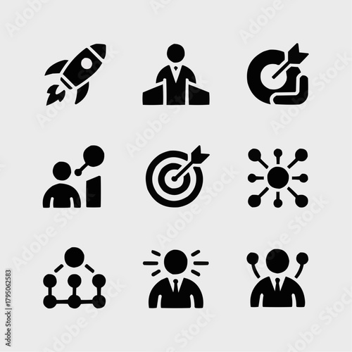 Business Icons Set: An assortment of meticulously crafted black icons designed to represent various facets of business, conveying concepts of innovation, focus, teamwork, and success.