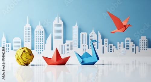 Playful paper origami shapes float over a blue backdrop with a modern city skyline conveying progress and freedom through bright color blooms