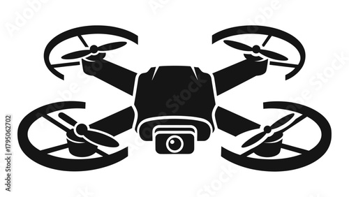 Black vector icon of a quadcopter drone with camera, modern aerial technology design Vector