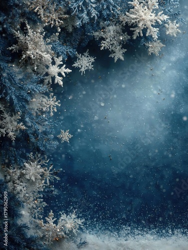 Winter Blue-Gold Snowflakes Border on Deep Blue Gradient Background, Festive Decorative Pattern for Seasonal Design