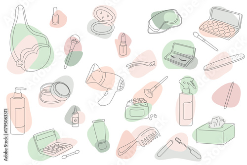 Soft Pastel Makeup and Skincare Accessories Line Illustration for Beauty, Wellness, and Personal Care Branding