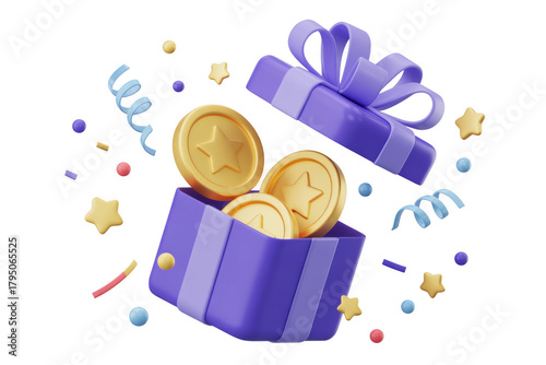 Gift box with coins reward celebration surprise present confetti stars streamers promotion bonus winner prize on transparent background