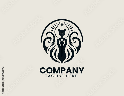 Mystic cat warrior goddess stands gracefully presenting strong divine identity in elegant logo design