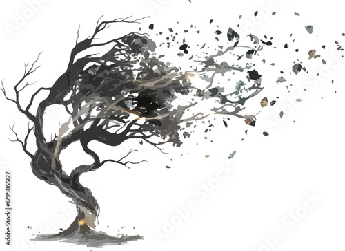 Abstract decaying tree dissolving into particles against a white background
