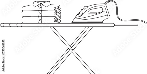 Stacked folded shirts and iron on ironing board vector