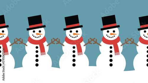 Cheerful snowmen parade with red scarves and top hats for joyful holiday celebrations and winter wonderland designs for greeting cards or invitations