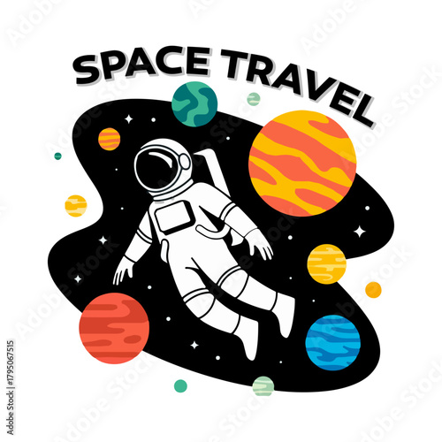 Space Travel Illustration Featuring Floating Astronaut Surrounded by Planets, Stars, and Cosmic Elements in a Modern Cartoon Style