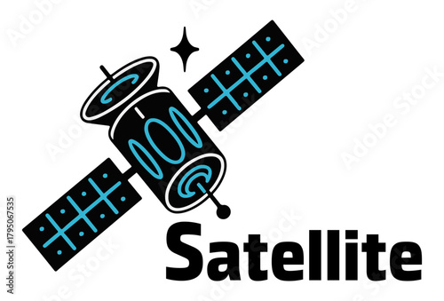 Modern Space Satellite Icon Illustration with Blue Accents and Solar Panels for Technology, Communication, and Astronomy Designs