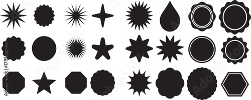 A diverse vector collection featuring black geometric shapes, starbursts, abstract forms, and customizable blank badges. Perfect for graphic design projects.