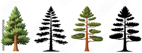 Set of Evergreen Pine Tree Illustrations and Silhouettes in Various Styles for Nature and Forest Design Elements