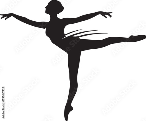 Elegant ballerina silhouette in graceful arabesque pose on white background.
