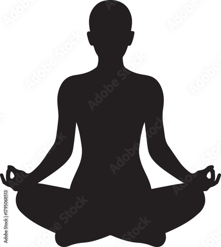 Silhouette of person meditating in lotus position with hands in mudra pose.