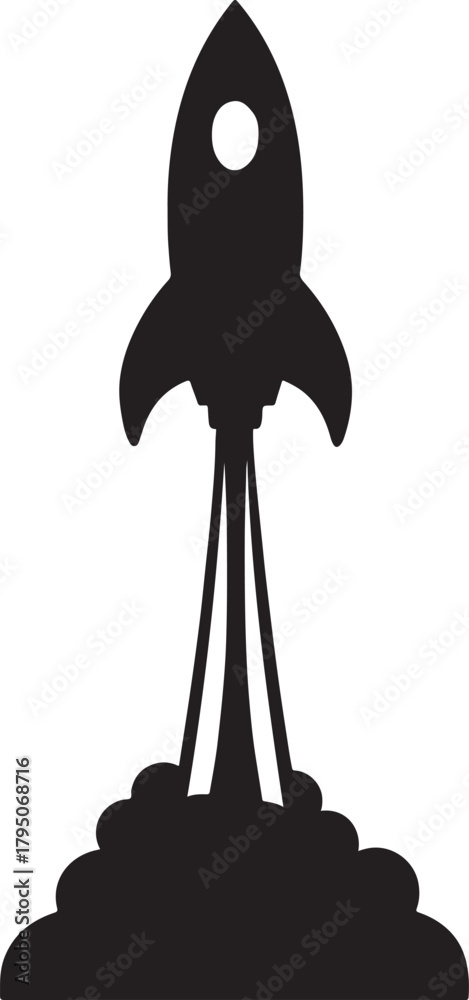 Fototapeta premium Rocket launching with smoke trail, silhouette design, isolated on white
