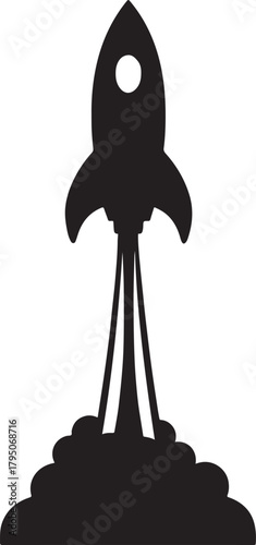 Rocket launching with smoke trail, silhouette design, isolated on white