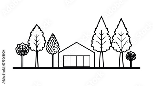 Stylized Line Art Trees and Building on White Background house home