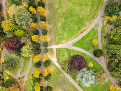 Tableau sur toile Top-Down aerial View of Autumn Trees in Grosvenor Park, Chester, Cheshire, Engla
