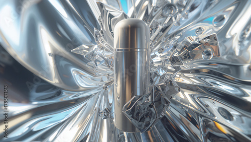 Shiny Silver Container Abstract Arrangement with Reflective Metallic Elements