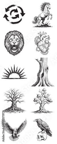 Diverse Symbol Set Horse, Lion, Sun, Eagle, Tree, Heart, Raven, Recycled Arrows