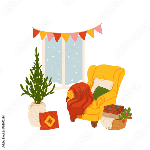 Cozy winter interior with yellow armchair, blankets, Christmas tree in pot, window with snow, festive bunting and decorative pillows, warm home holiday scene, hygge seasonal illustration