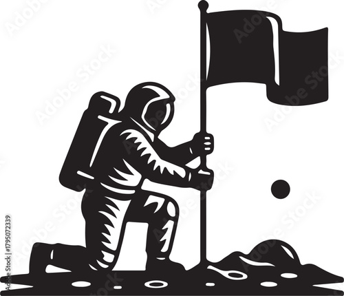 Astronaut planting flag on alien planet surface, symbolic of discovery and achievement