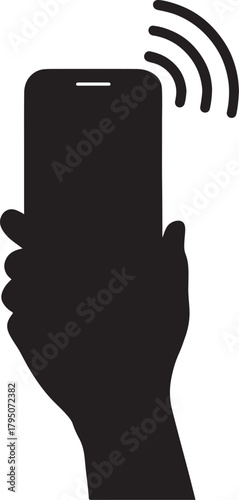 Hand holding smartphone with wireless signal waves emanating from top