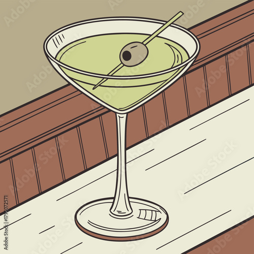 Minimal line art vector illustration of a martini cocktail glass with two olives on a stick. Ideal for bar menus, drink promotions, restaurant branding, cocktail party posters, mixology blogs